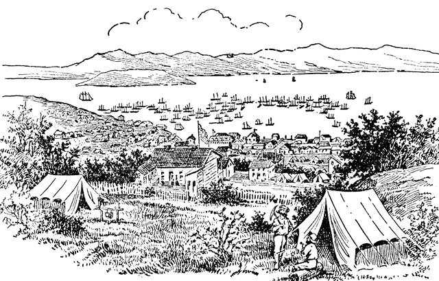 Drawing of San Francisco, shortly after the discovery of gold in California.